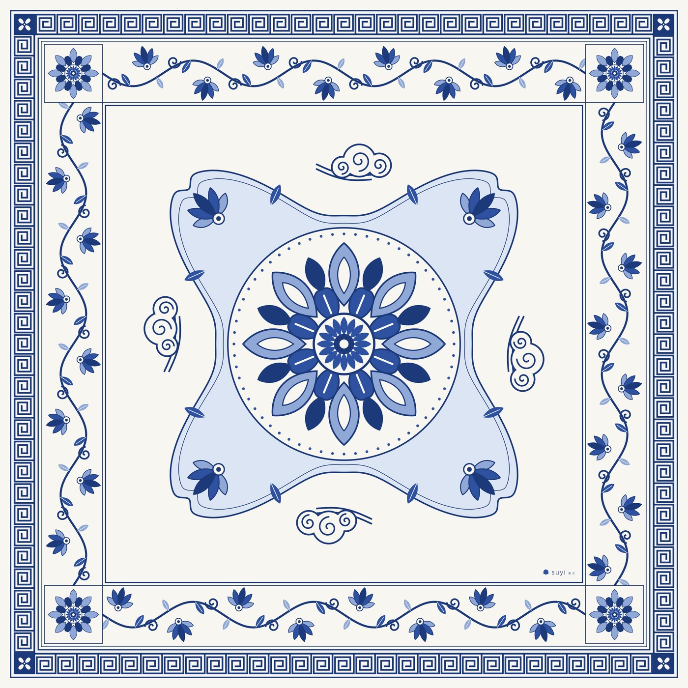 Lotus Scroll scarf laid flat: cobalt key-fret border, scrolling lotus and a flower medallion on warm white