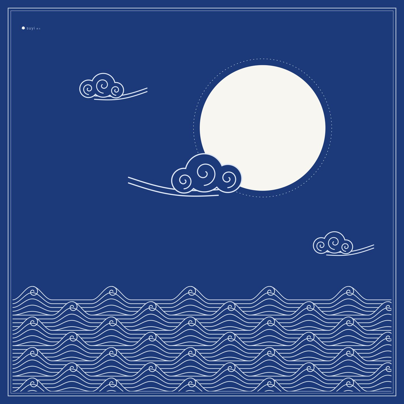 Moon over Waves scarf laid flat: a pale full moon, clouds and layered waves on deep porcelain blue